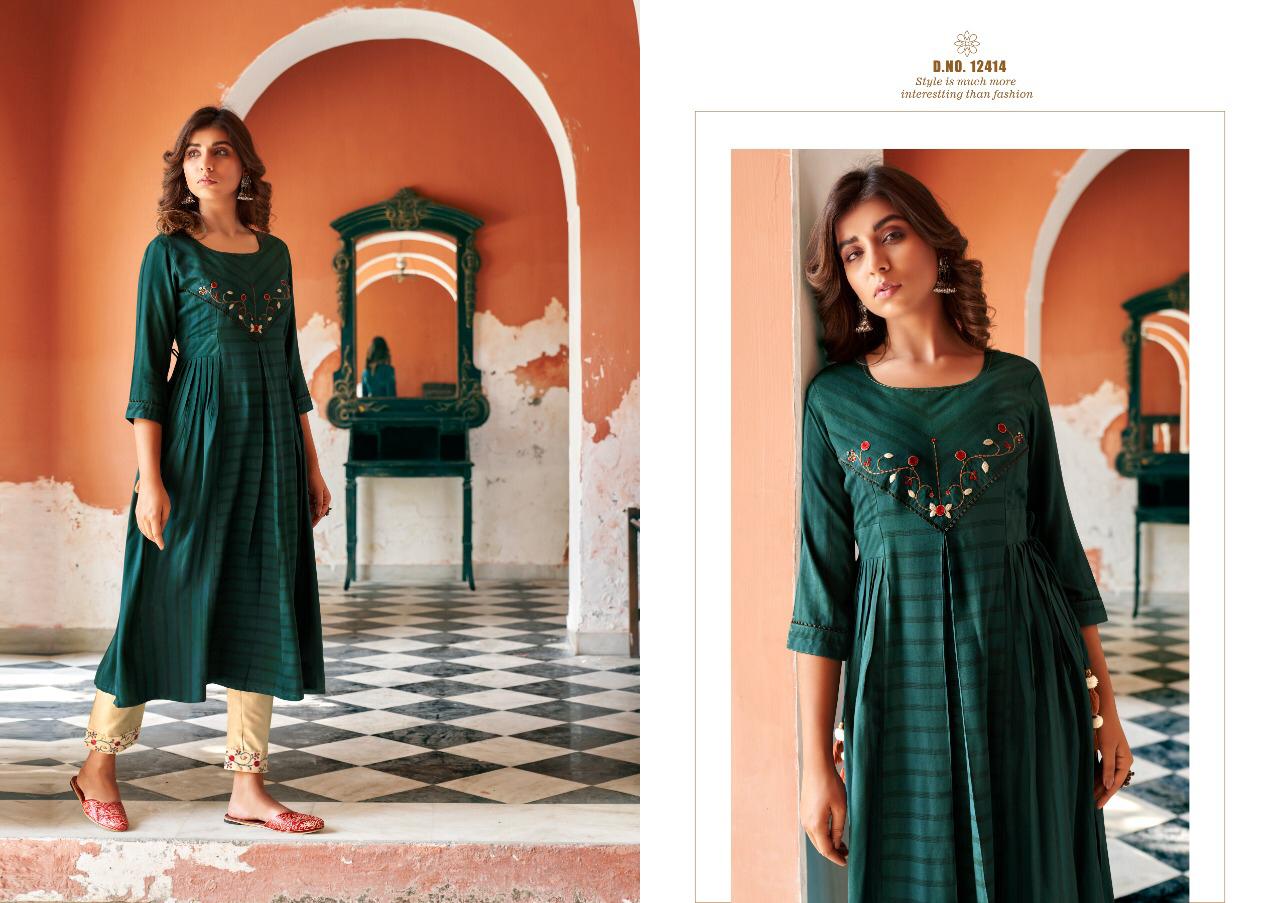Klaroop Tissot Latest Fancy Festive Wear Fancy Reyon With khatli Work Nd Mok Work Kurtis With Bottom Collection 